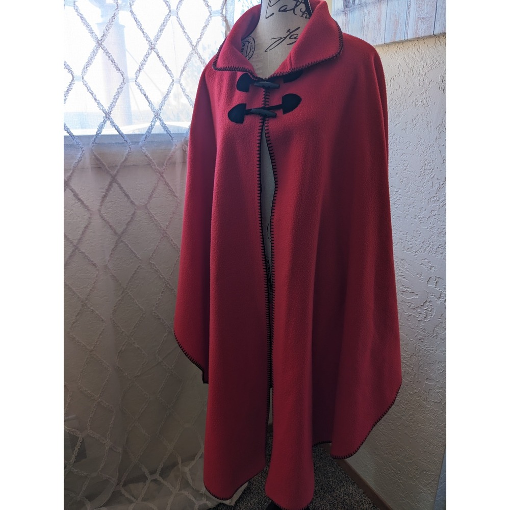 Vtg Specialty House Red Fleece Cape Toggle Closure Blanket Stitch One Size Women